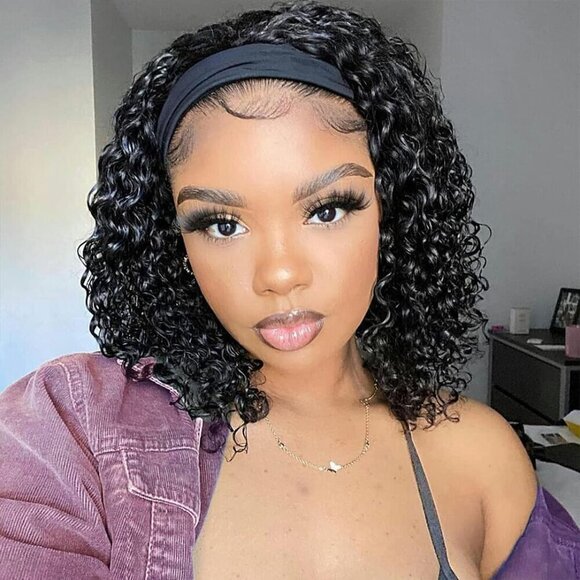 Headband Wig Human Hair Deep Wave 12 Inch No Lace Curly for Women Natural Style